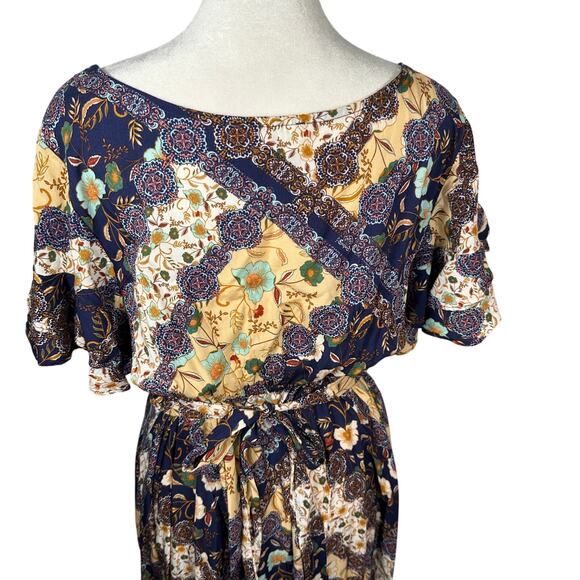 Abel The Label Boho Patchwork Maxi Dress Sz S Flutter Sleeve Wrap Look Rayon - Picture 15 of 16